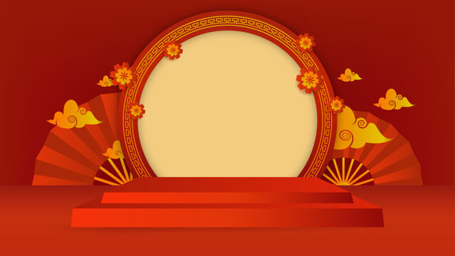 Product showcase decoration design for Chinese New Year. cylindrical podium display or showcase mockup for products with dragon decoration, lanterns and red background. Chinese new year sale promotion