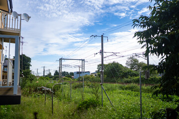 Fototapeta premium grassy rural rail line in hokkaido japan