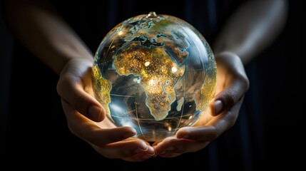 Global Connection: Hands Holding a Glowing Digital Globe in Portrait, relationship between the individual and the digital world, emitting soft lights and digital connections, 