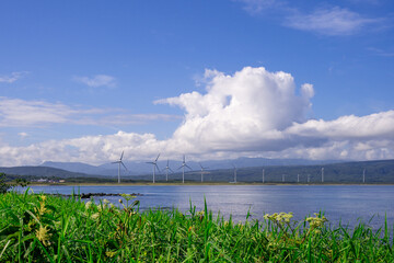 wind turbines on a cloudy day across a bay in hokkaido japan - obrazy, fototapety, plakaty