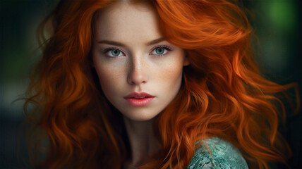 Obraz premium The image features a beautiful young woman with long, red hair. She is looking at the viewer with a captivating gaze, showcasing her striking features.