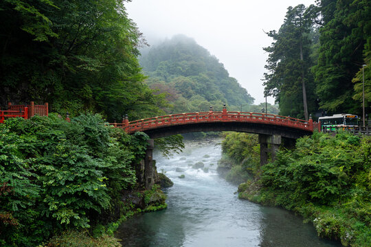 shinkyo bridge across the daiya river in nikko japan on a misty day