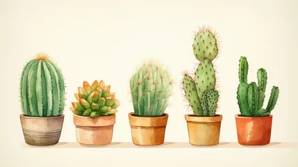 Glasschilderij Cactus in pot A watercolor style, minimal cartoon illustration of different cactuses, green, craft paper.