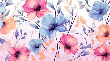 Seamless pattern of flowers with pink blue and orange background. Pink flowers background. Vector illustration of watercolor textured abstract art textile flower design