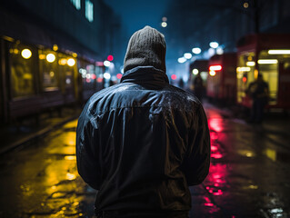 A male criminal stands on the street of a city at night.  - obrazy, fototapety, plakaty
