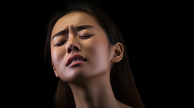 A Portrait of a young Asian woman in pain on a white isolated transparent background.