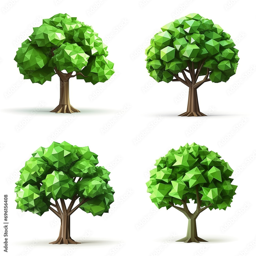 Wall mural set of 3d low poly tree isolated on white background