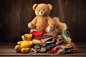 Stack of old children's clothing and cuddly teddy bear toys on a wooden surface.