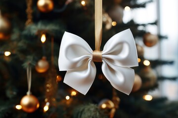 White color bow hanging on a branch of a Christmas tree. Generative AI.