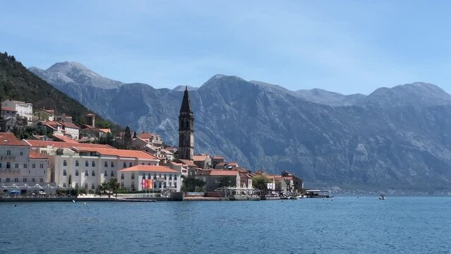 The town of Perast in the Bay of Kotor. Shooting from a moving boat.