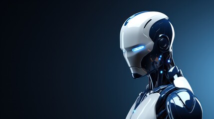 AI robot from the future, on a dark blue background with copy space