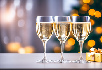 Three glasses of champagne on the table on blurred background with golden bokeh, Christmas concept. Generative AI