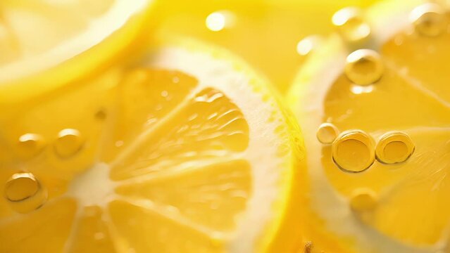 Delicately twirling lemons suspended in a glass of bubbling Limoncello in a majestic closeup.