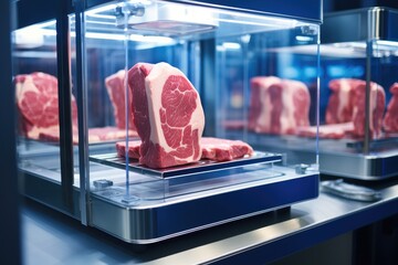 Scientific technical illustration of a 3D printer printing delicious red meat in a modern laboratory, Modern and futuristic. Generative AI.