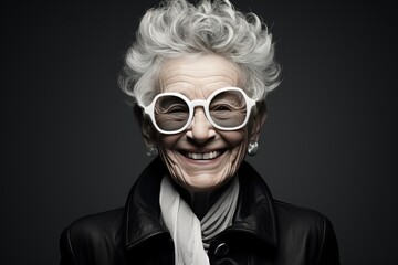 Portrait of a happy elderly woman with glasses.