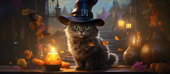 A delightful Halloween-themed image featuring a cat dressed as a wizard. Generative AI