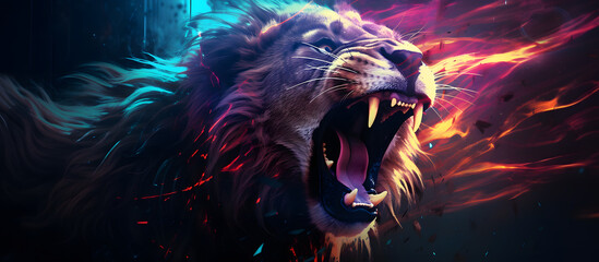 A dynamic digital illustration capturing the intense roar of a lion. Generative AI