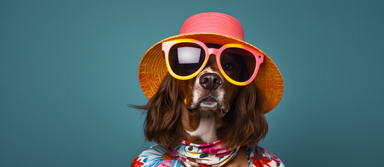 A humorous photograph of a dog  wearing coordinating sunglasses and hats. generative AI