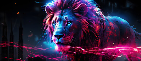 A neon-infused representation of a lion in a futuristic wilderness. Generative AI