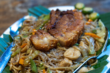 Popular Filino Food Pancit noodle with Pork Lechon
