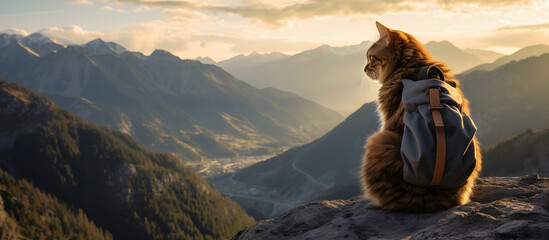A cat perched on a mountain peak, overlooking a scenic landscape during a hiking adventure. Generative AI