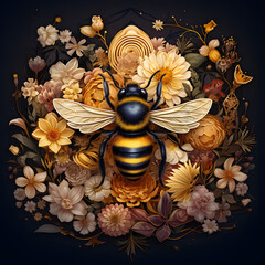A visually striking digital illustration portraying a stylized bee surrounded by blooming flowers. Generative AI