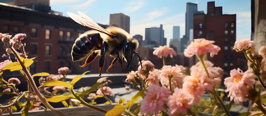 Against the backdrop of a bustling city, a bee navigates between rooftop gardens and urban flora. generative AI