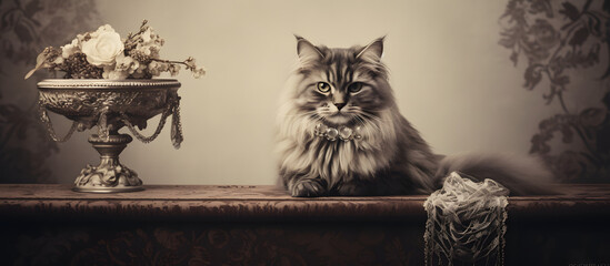 A nostalgic sepia-toned photograph of a cat posed in a vintage-inspired setting, capturing the timeless elegance and charm of feline companionship. Generative AI