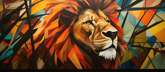 An abstract composition featuring a lion in the midst of a safari, with bold shapes and dynamic lines. Generative AI