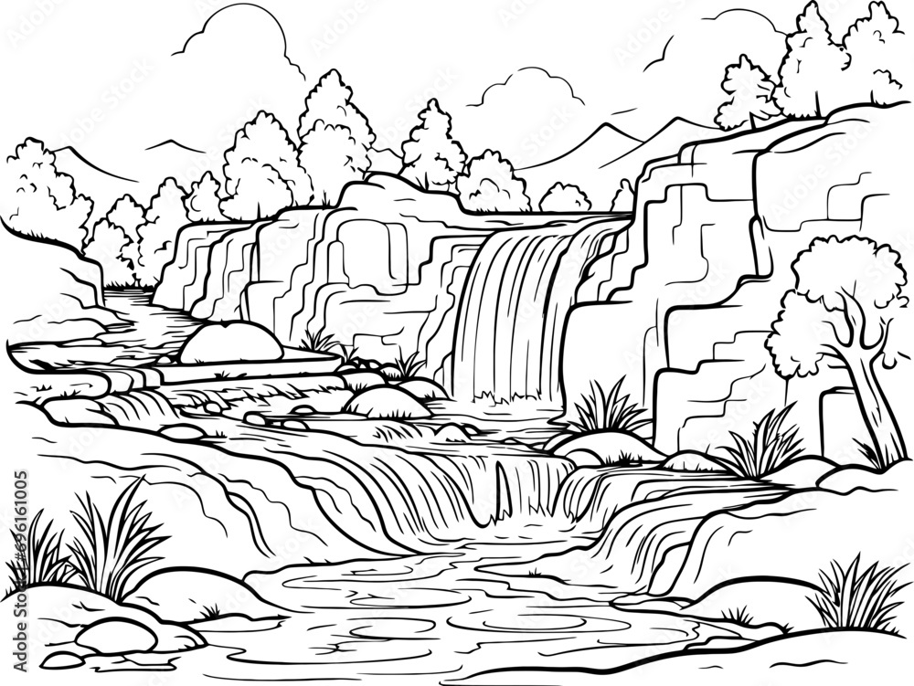 Wall mural Waterfall scene landscape drawing