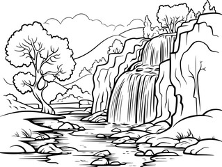 Waterfall scene landscape drawing