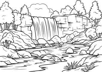 Waterfall scene landscape drawing