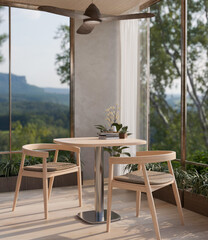 Fototapeta premium A modern Scandinavian room with a wooden dining table near by the glass window with a nature view.