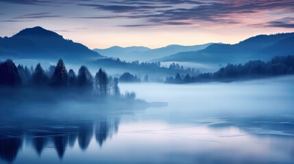 Serene lake view with ethereal mist shrouding the landscape, set against a backdrop of imposing mountains.
