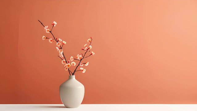 Minimalistic view of a Peach Fuzz colored vase, holding a single stem of delicate flowers in a minimalist room.