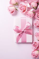 Happy Valentine day pastel white gift box with pink roses and pink ribbon
