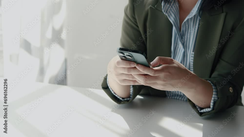 Poster a person is using a mobile phone, she is using an application to chat with friends and talk business