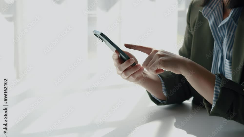 Poster a person is using a mobile phone, she is using an application to chat with friends and talk business