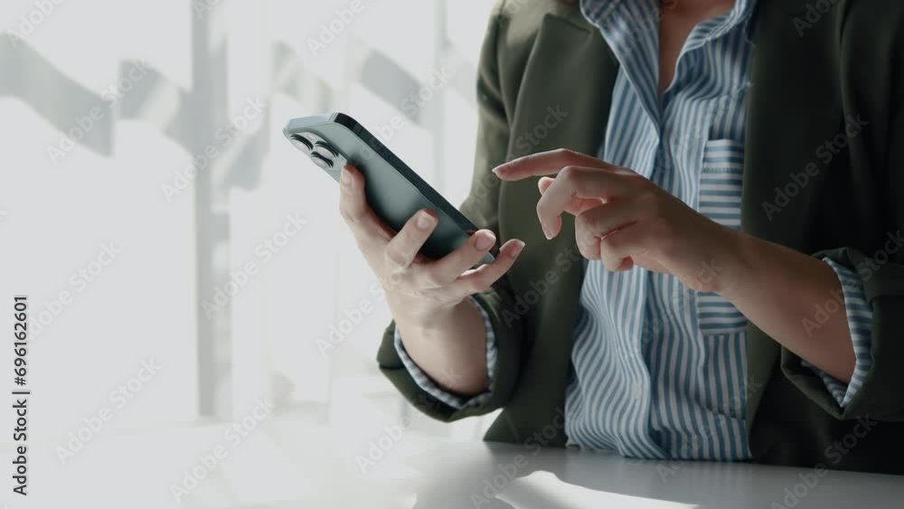 Poster a person is using a mobile phone, she is using an application to chat with friends and talk business