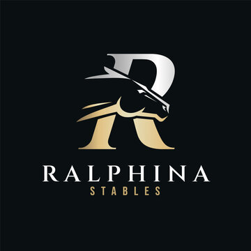 Elegant letter R monogram gold silver horse logo, letter R horse logo, horse head logo