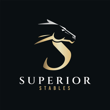 Elegant letter S monogram gold silver horse logo, letter S horse logo, horse head logo