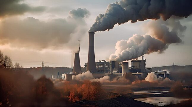 Industrial landscape with coal-fired power plant and smoke.