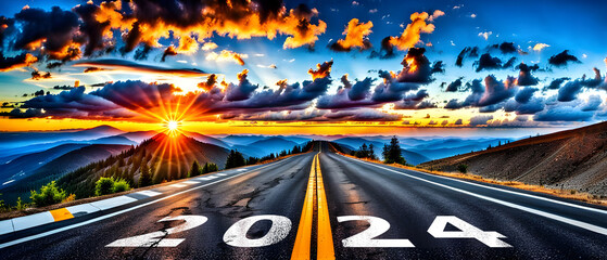 2024 Goal plan action, Business target and growth strategy. 2024 written on the road in the middle of road with at sunset - obrazy, fototapety, plakaty