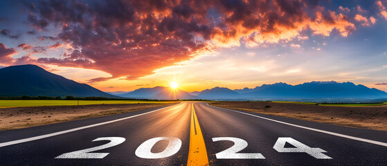 2024 Goal plan action, Business target and growth strategy. 2024 written on the road in the middle of road with at sunset