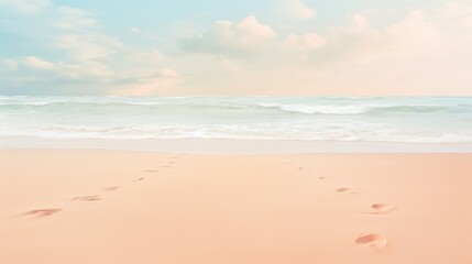 Fototapeta na wymiar Pastel peach color seashore with footprints, beige abstract background