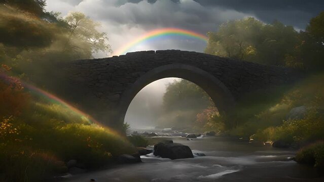 Shrouded dense blanket fog, vibrant moonbow emerges glory, casting iridescent hues onto stone bridge spanning small creek.