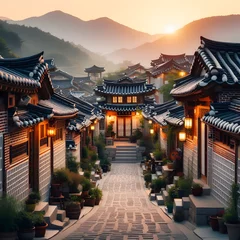 Fototapeten Hanok, a traditional Korean house, with an alley in the center, a friendly landscape, a tile-roofed house, and a folk village. Generative AI © slowlife kim
