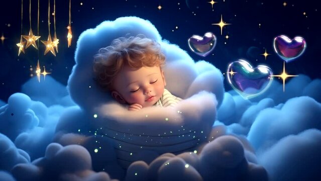 Lullaby For Babies video animation template looping Cute baby sleep at night on cloud with stars, for live wallpaper