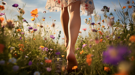 Bare Feet Walking Through Flower Fields. Generative AI.