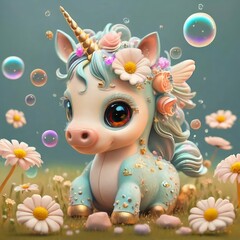 Fototapeta premium in pastel colors Cute 3d baby unicorn wearing flowers on its head, floating bubbles, cute flowers and small details, bright, cinematic, 3d render